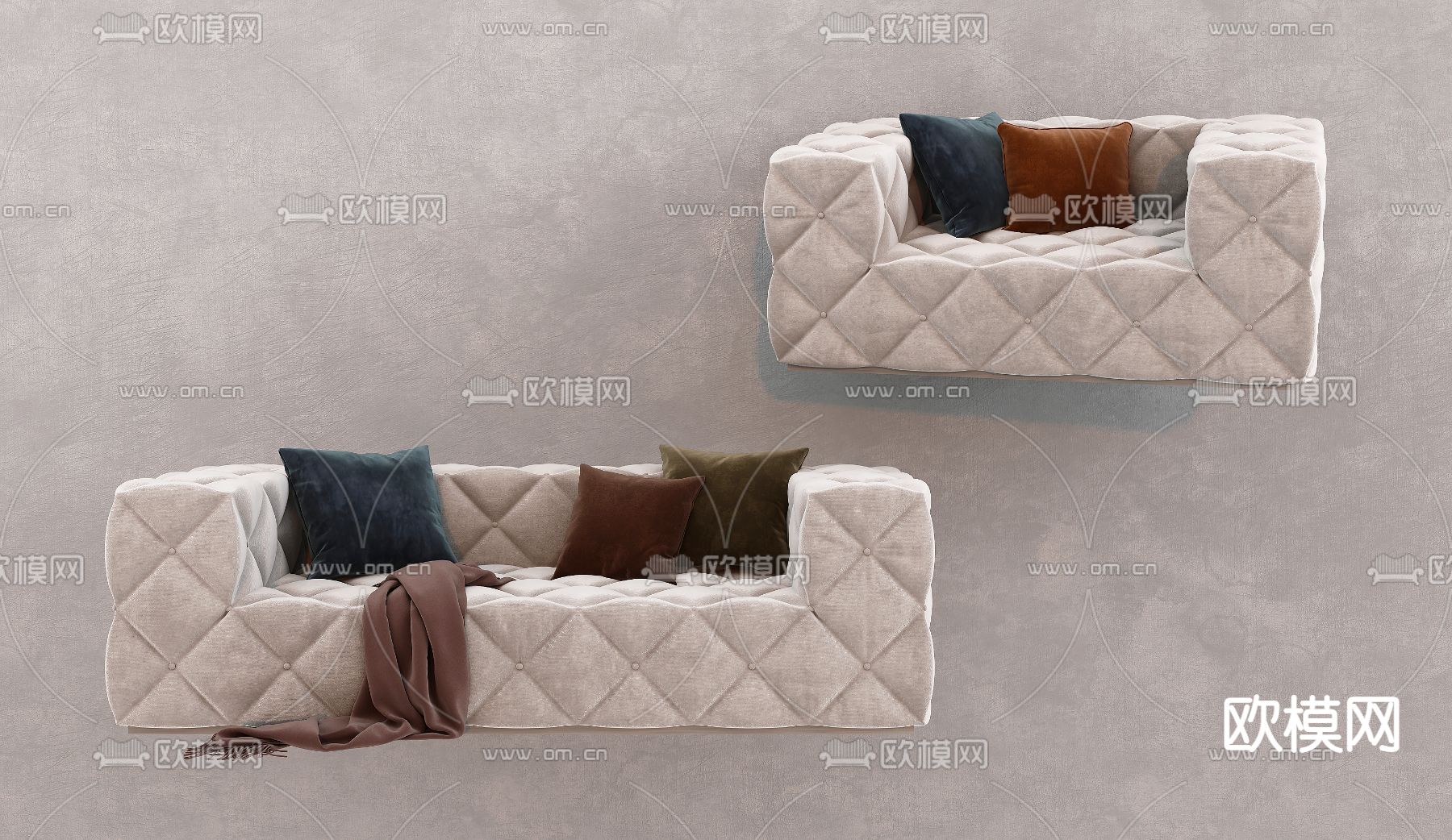 现代简欧布艺多人沙发免费3d模型下载