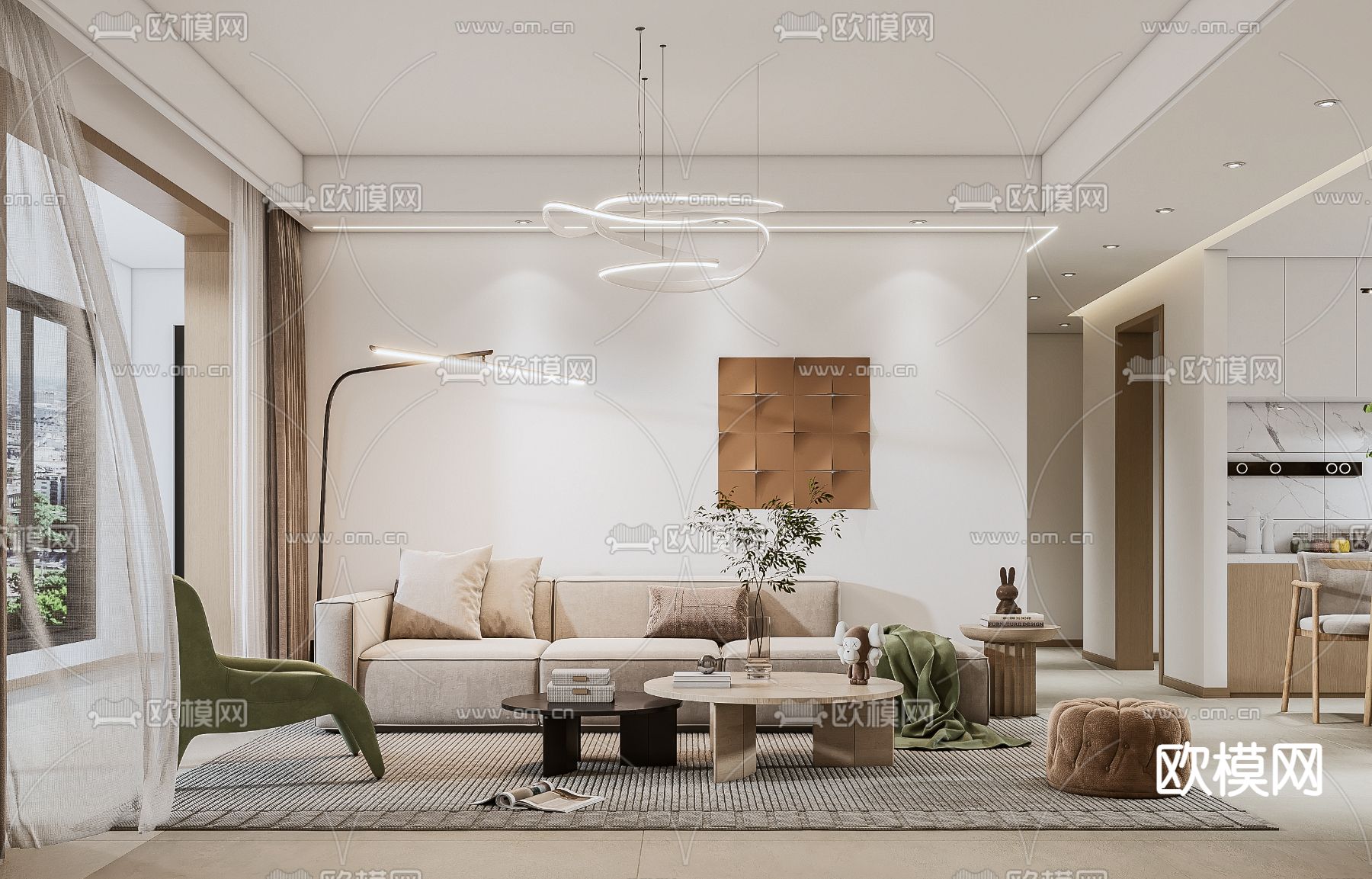 现代北欧风客厅餐厅厨房3d模型下载（渲染图1）