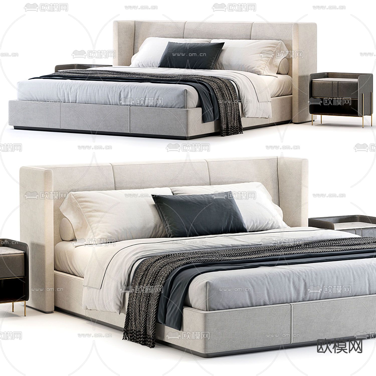 RH 米白色布艺双人床3d模型下载（渲染图1）
