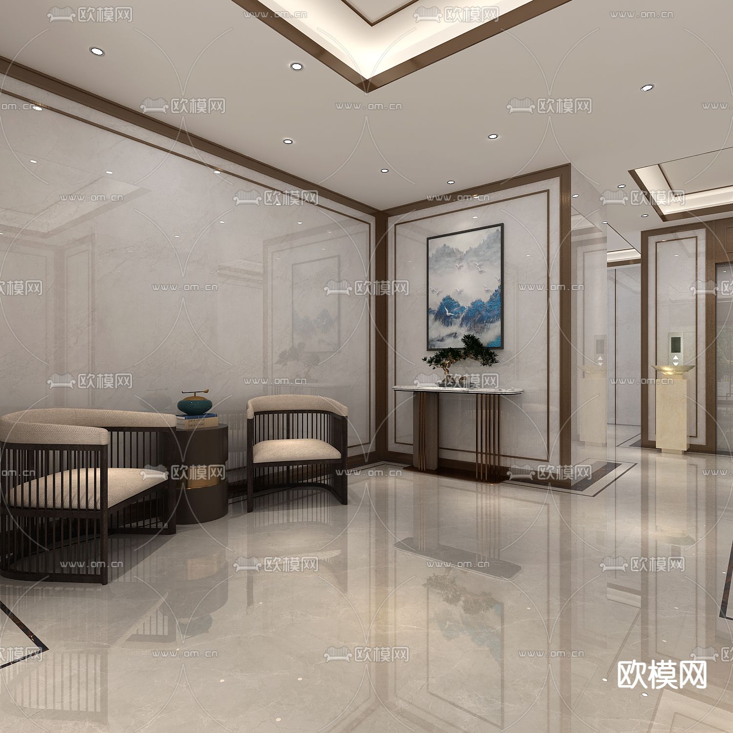 现代公司电梯厅走廊过道免费3d模型下载（渲染图2）