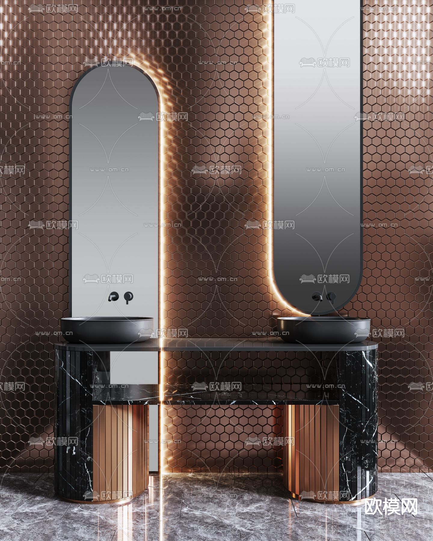 现代轻奢双盆洗手台3d模型下载