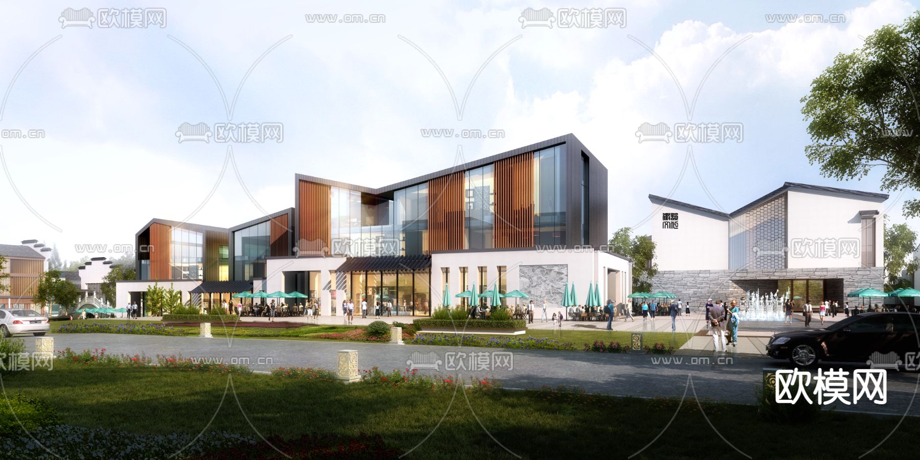 中式商业办公楼建筑外观3d模型下载