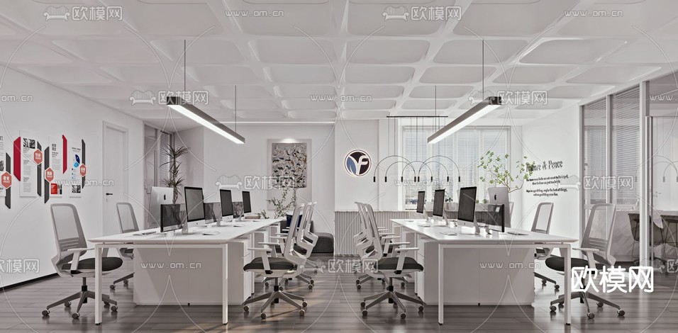 现代敞开式办公区经理室3d模型下载(渲染图2)