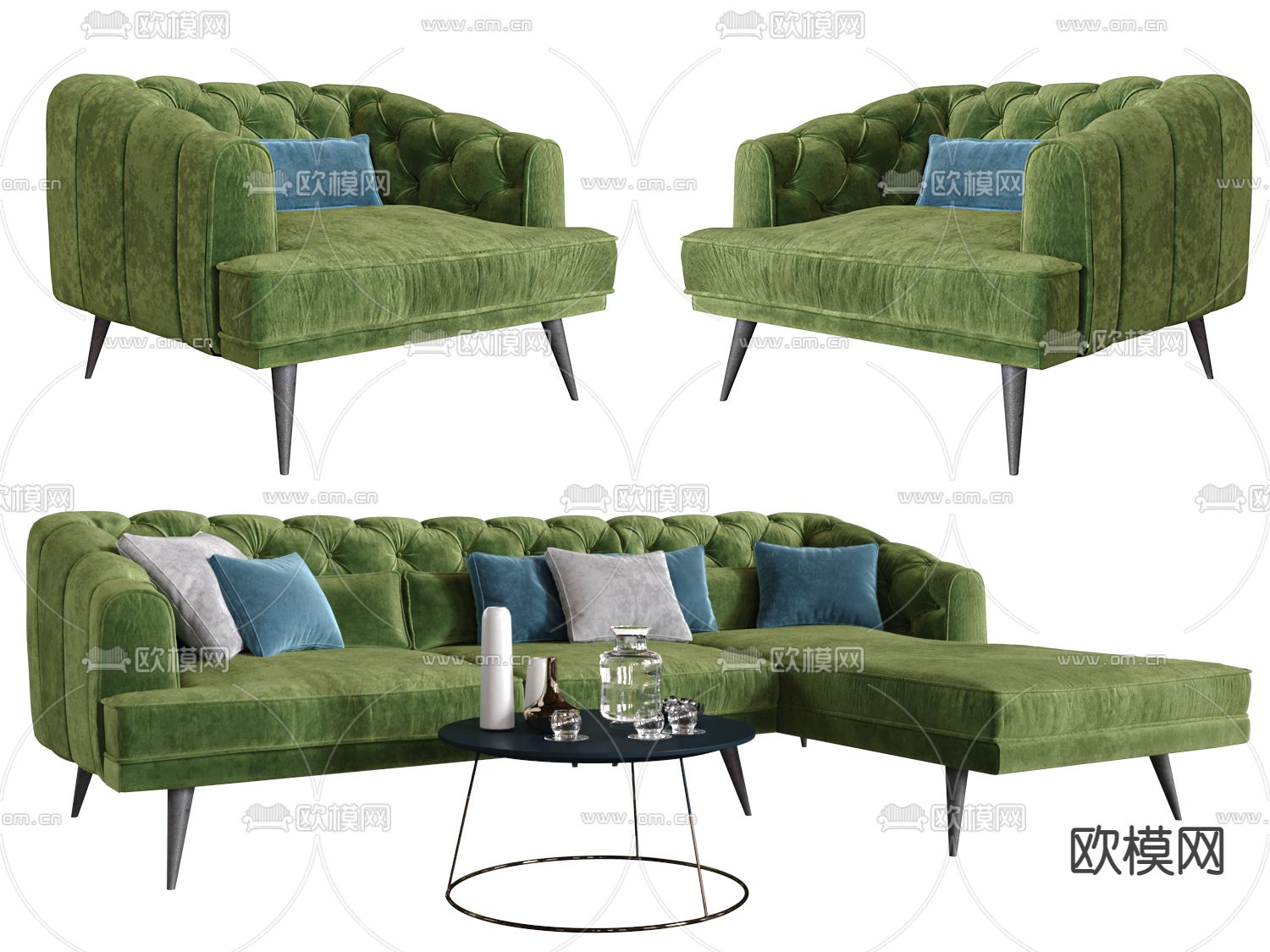 美式绿色布艺沙发组合3d模型下载