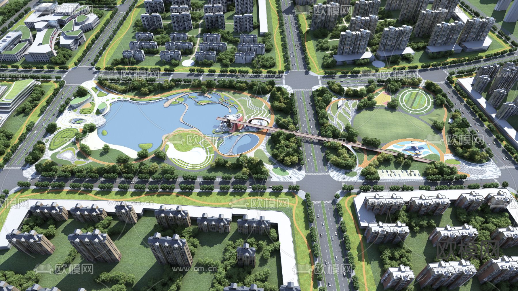 现代城市公园景观鸟瞰3d模型下载