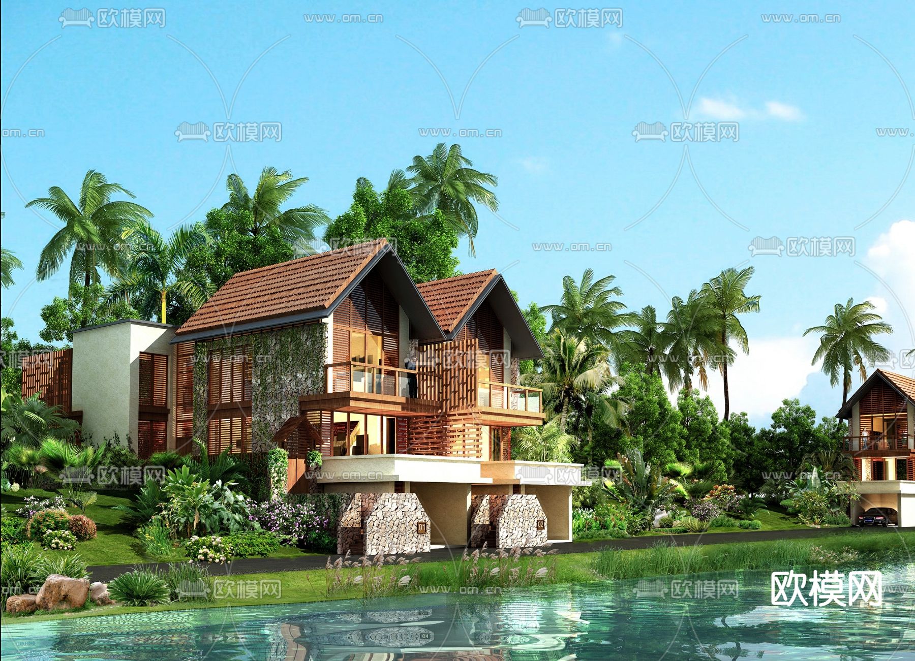 东南亚河滨联排别墅外观3d模型下载