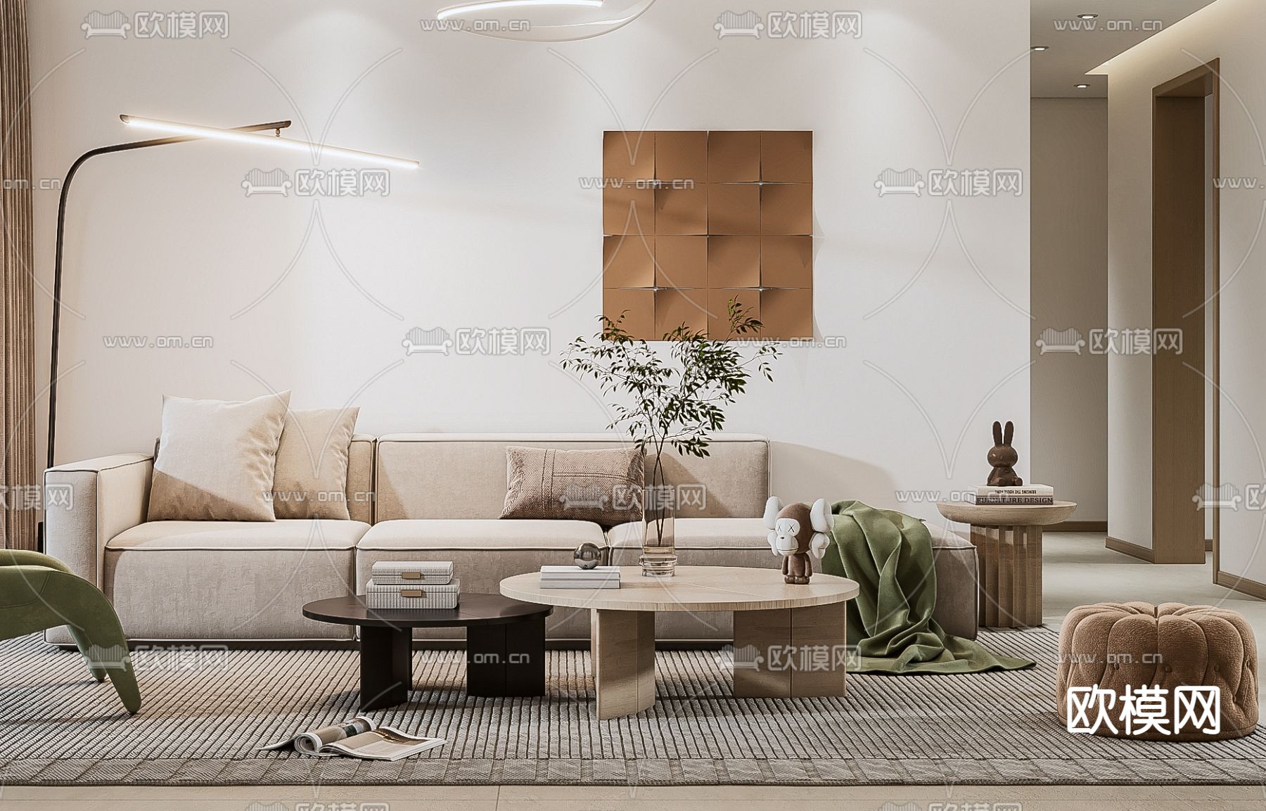 现代北欧风客厅餐厅厨房3d模型下载（渲染图3）