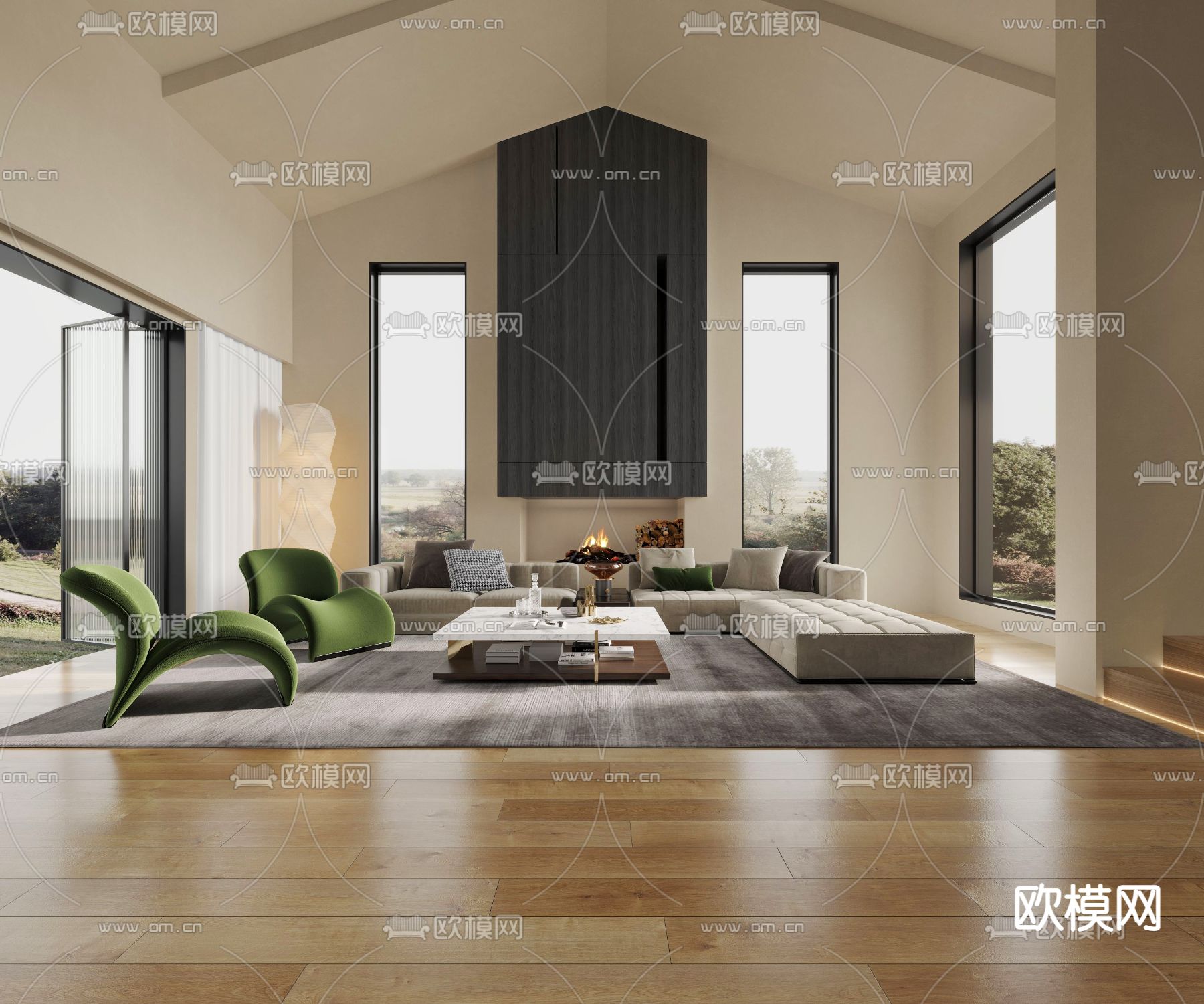 现代简约客厅3d模型下载（渲染图1）