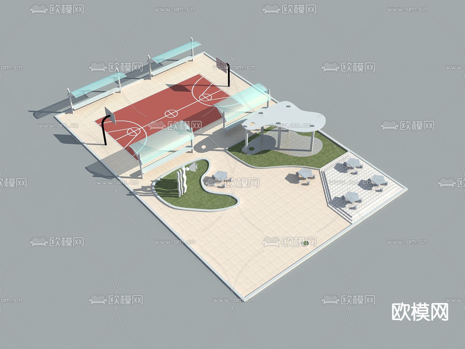 现代公园景观篮球场免费3d模型下载