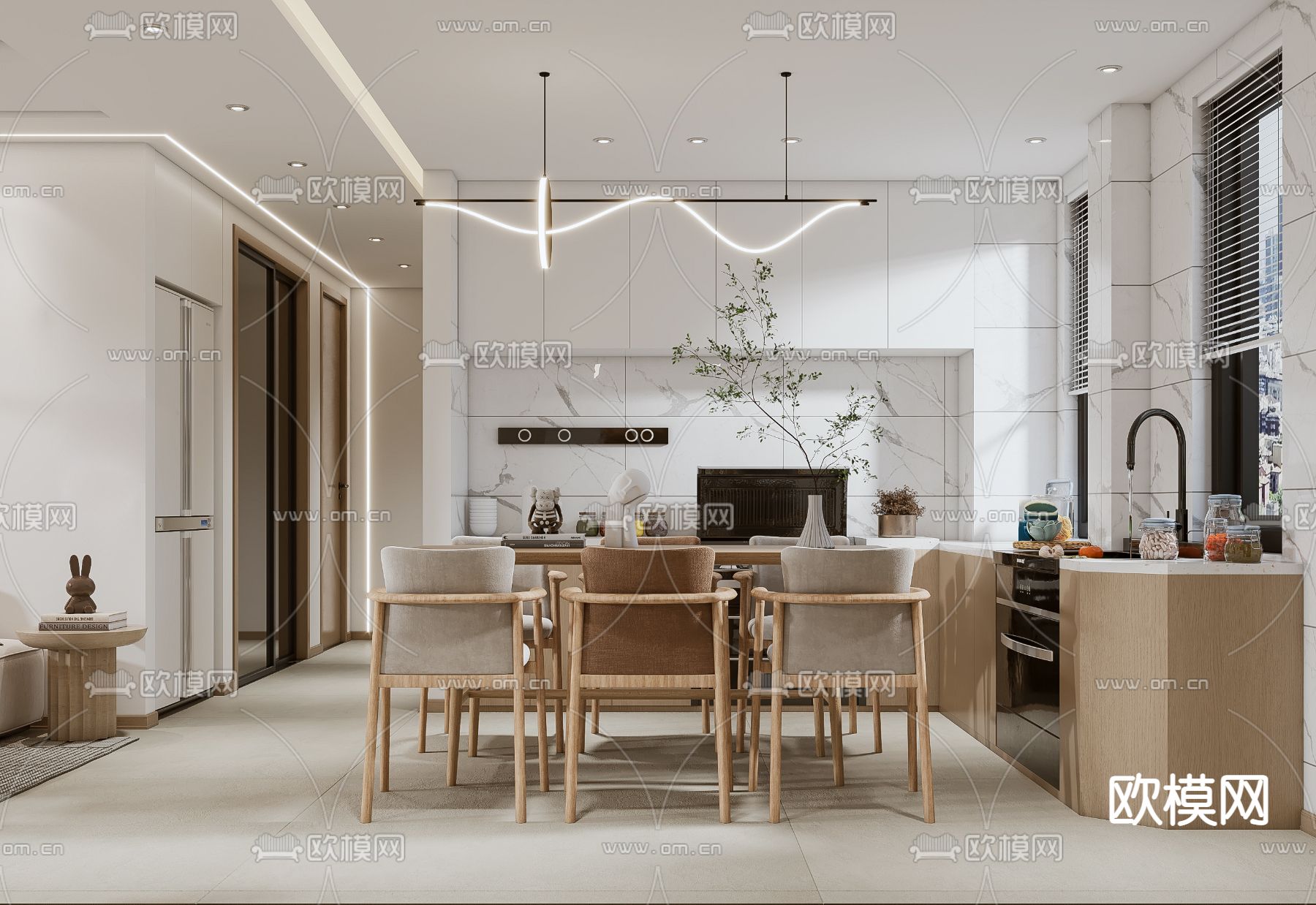 现代北欧风客厅餐厅厨房3d模型下载（渲染图2）