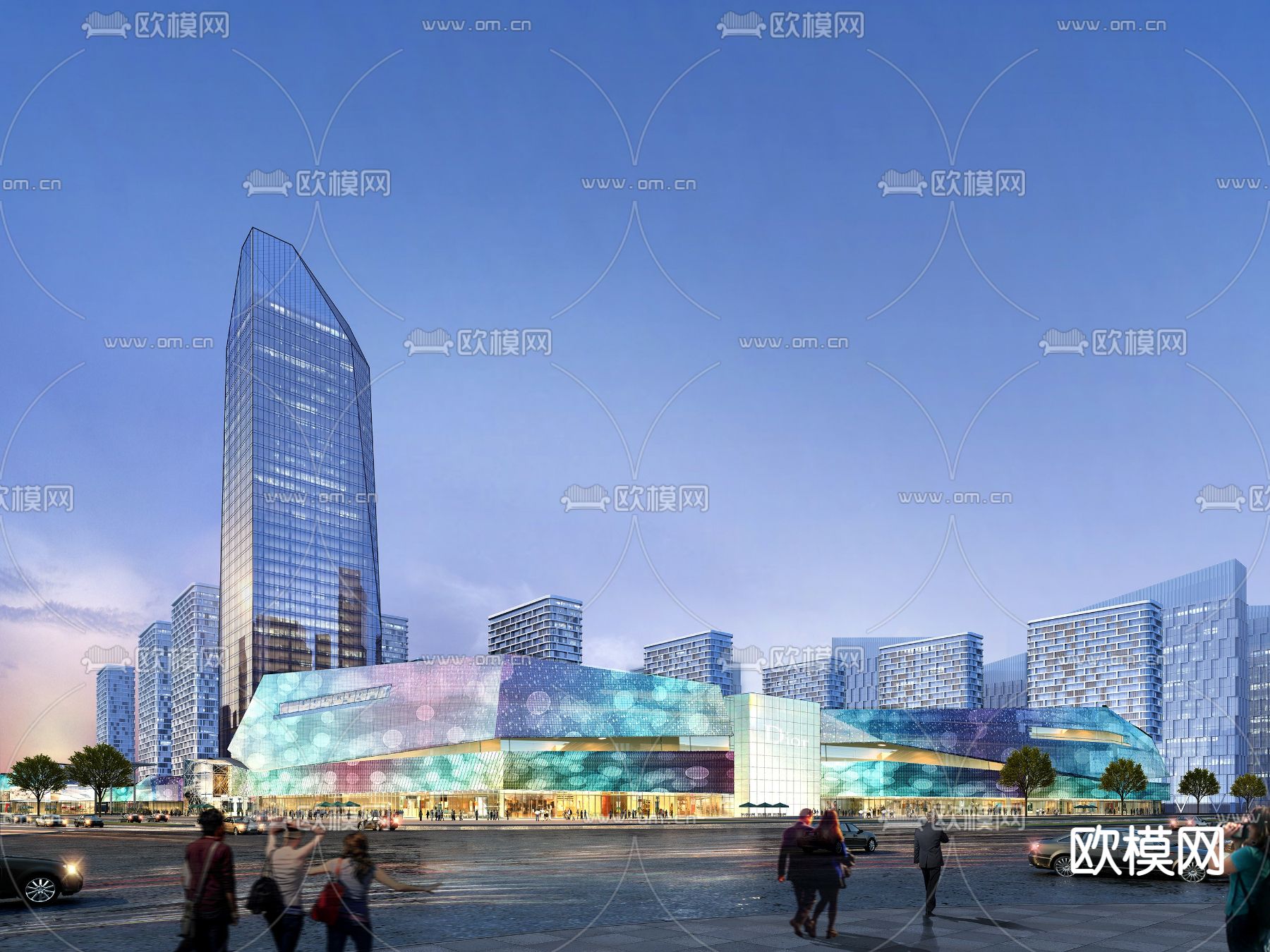 现代商业高层办公楼外观夜景3d模型下载