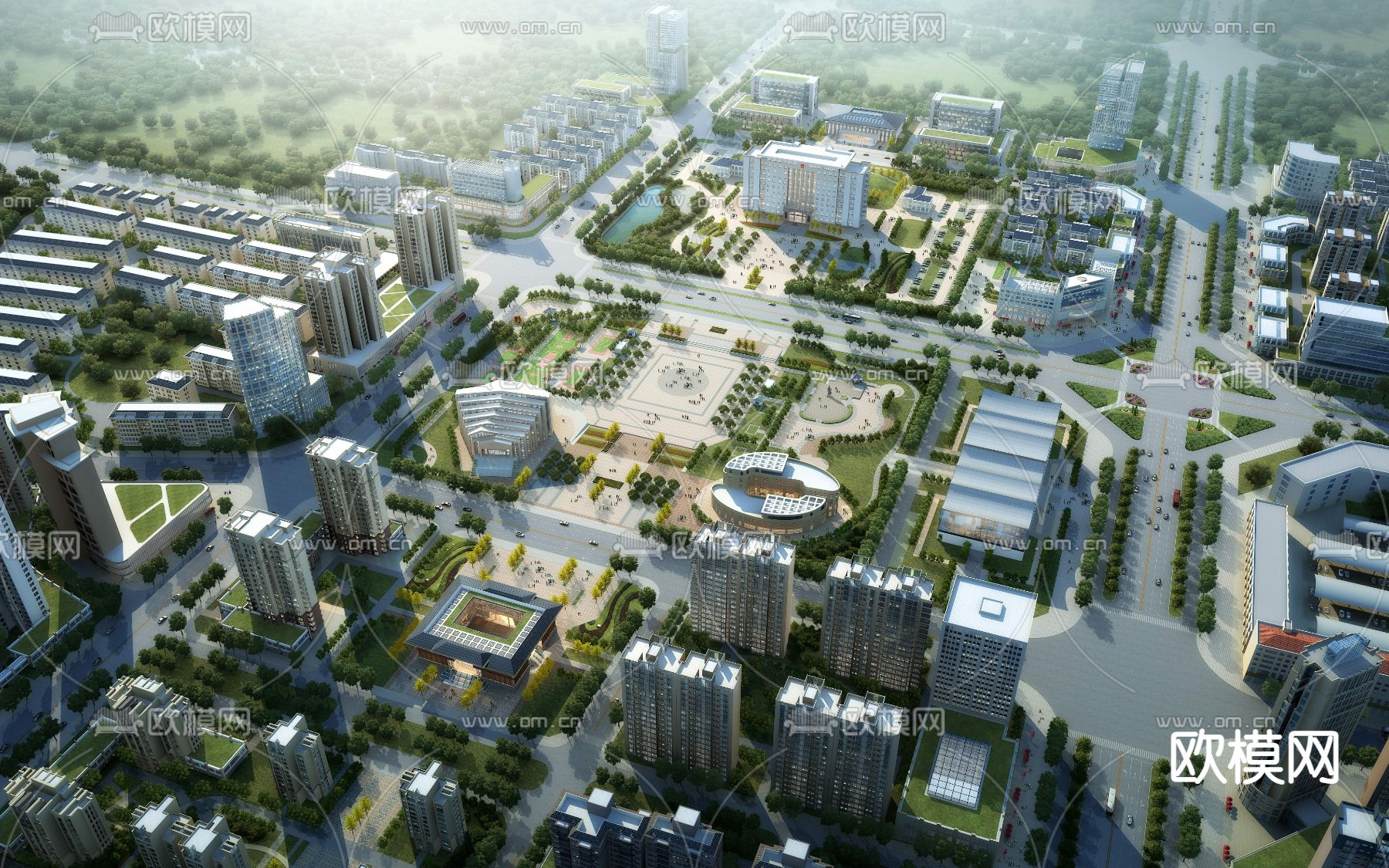 现代中心广场鸟瞰规划3d模型下载_ID12012790_3dmax免费模型-欧模网