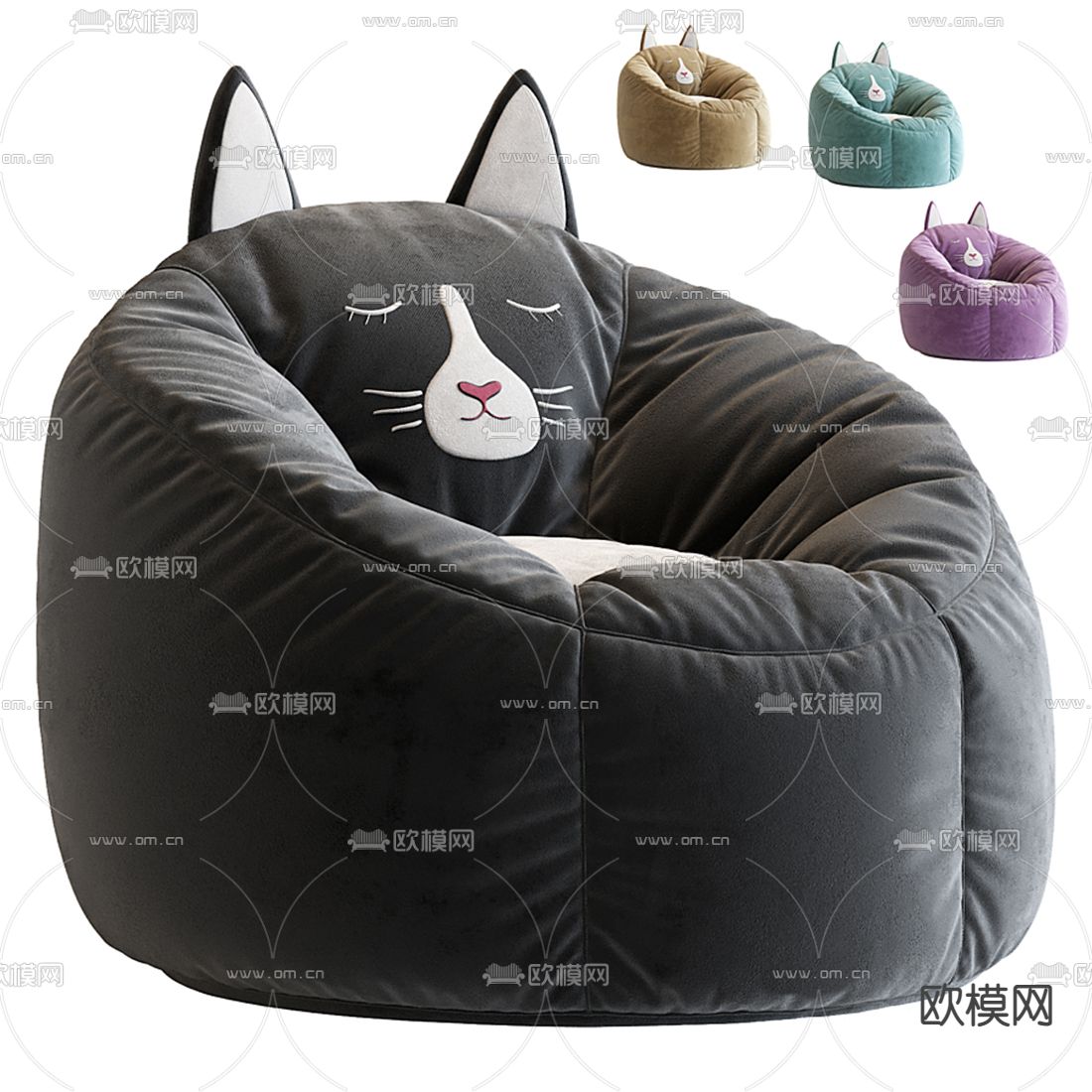 现代猫咪黑色布艺懒人沙发3d模型下载（渲染图1）