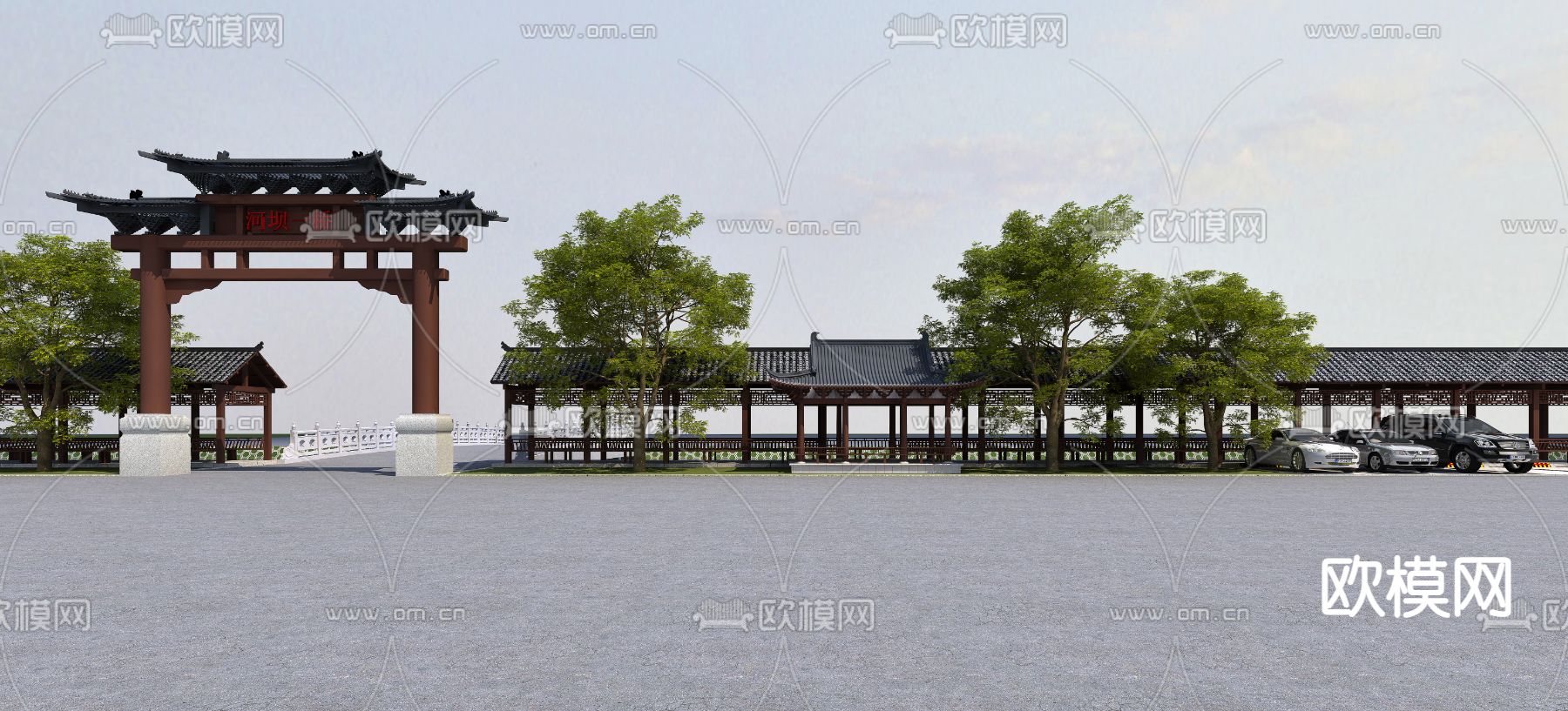 新中式牌坊长廊廊桥景观3d模型下载