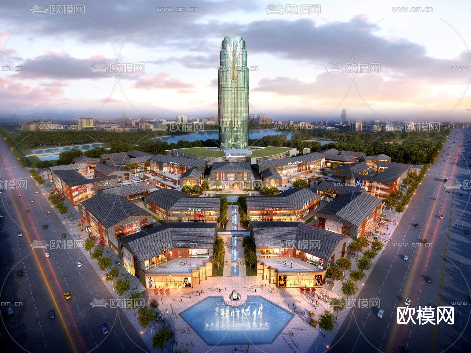 中式商业高层办公楼鸟瞰夜景3d模型下载