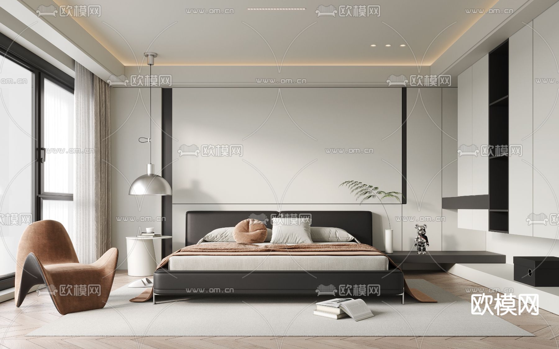 现代极简黑白灰卧室3d模型下载_ID12015153_3dmax免费模型-欧模网