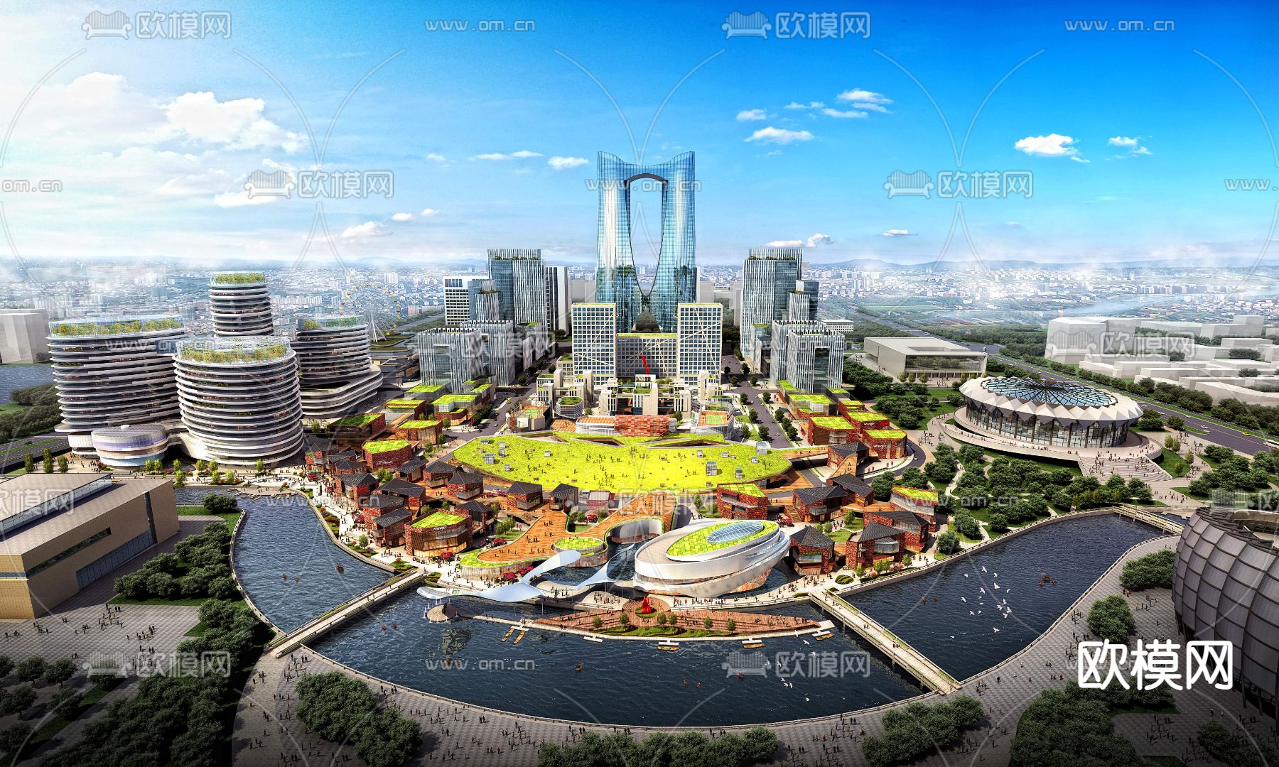 中式商业街鸟瞰规划3d模型下载