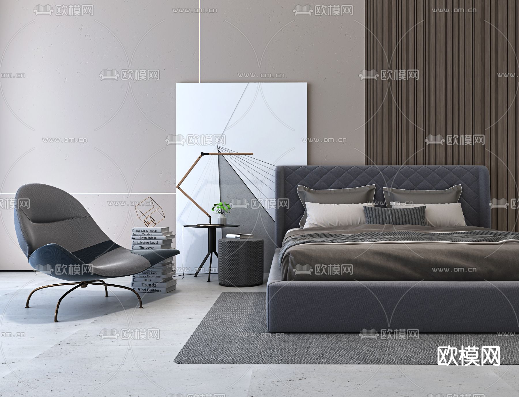 现代深灰布艺双人床免费3d模型下载