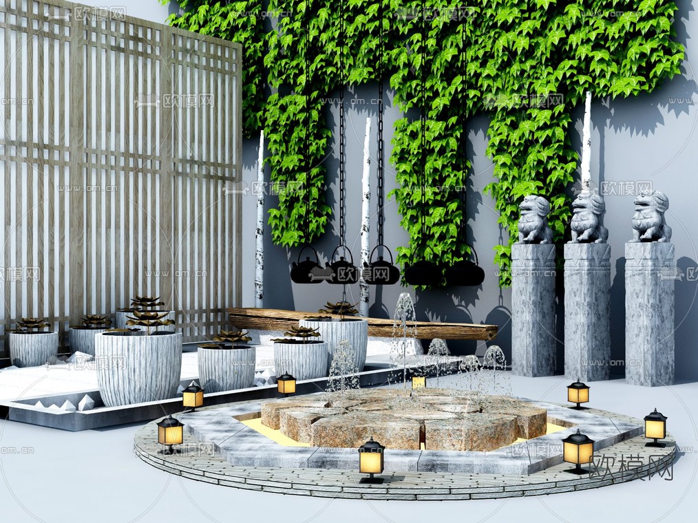 新中式喷泉景观小品3d模型下载_ID12015502_3dmax免费模型-欧模网