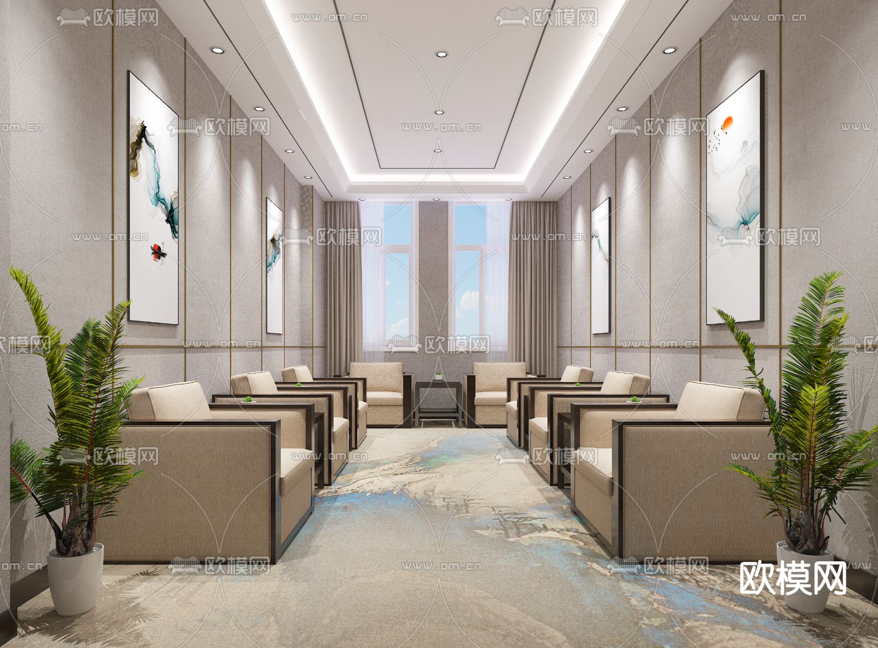 新中式公司接待室免费3d模型下载