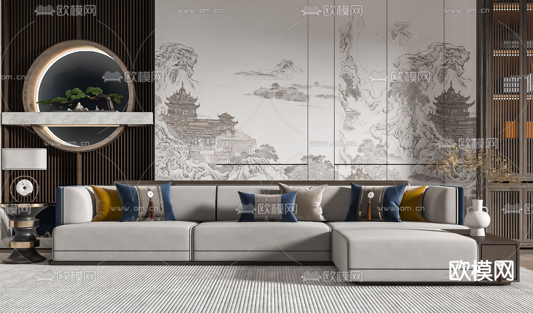 新中式灰色转角多人沙发3d模型下载