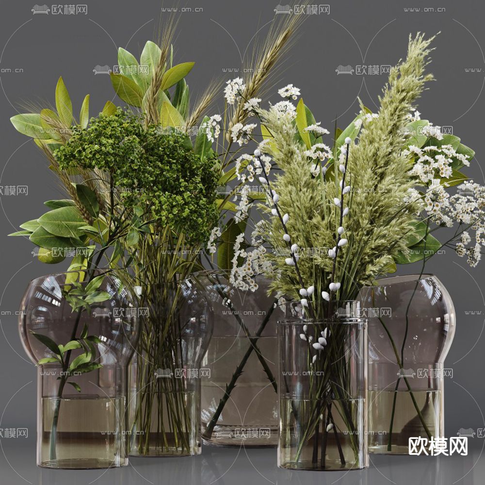 现代玻璃花瓶水生植物3d模型下载（渲染图1）