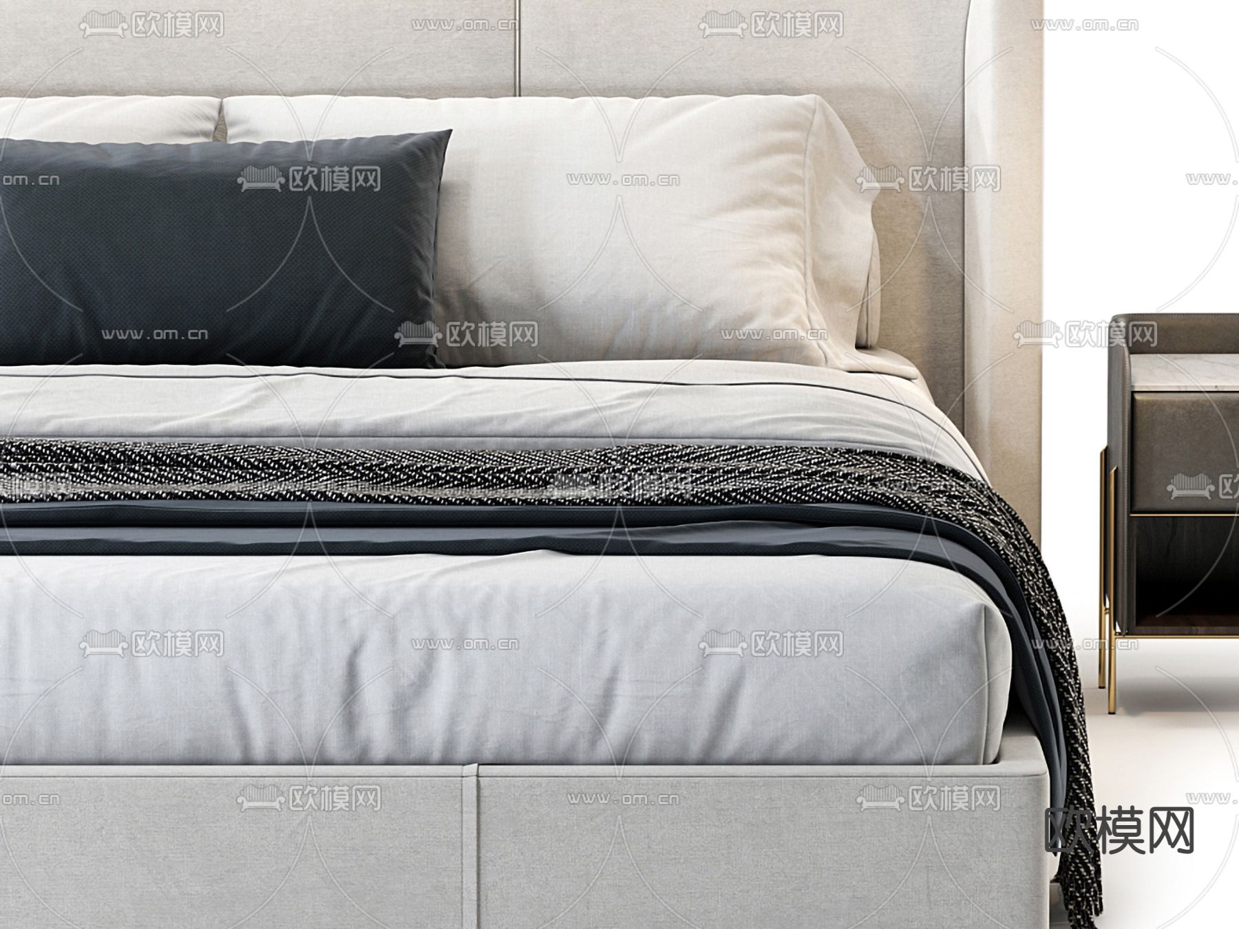 RH 米白色布艺双人床3d模型下载（渲染图2）