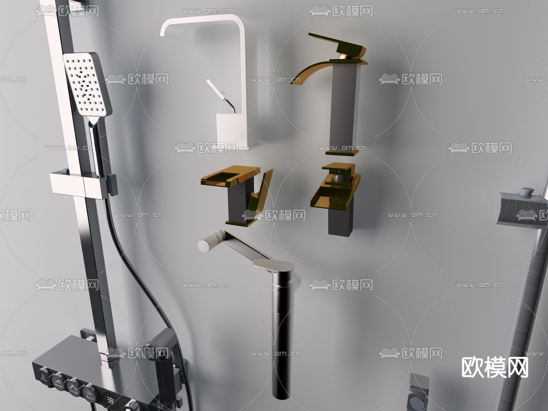 现代不锈钢淋浴花洒水龙头3d模型下载（渲染图6）