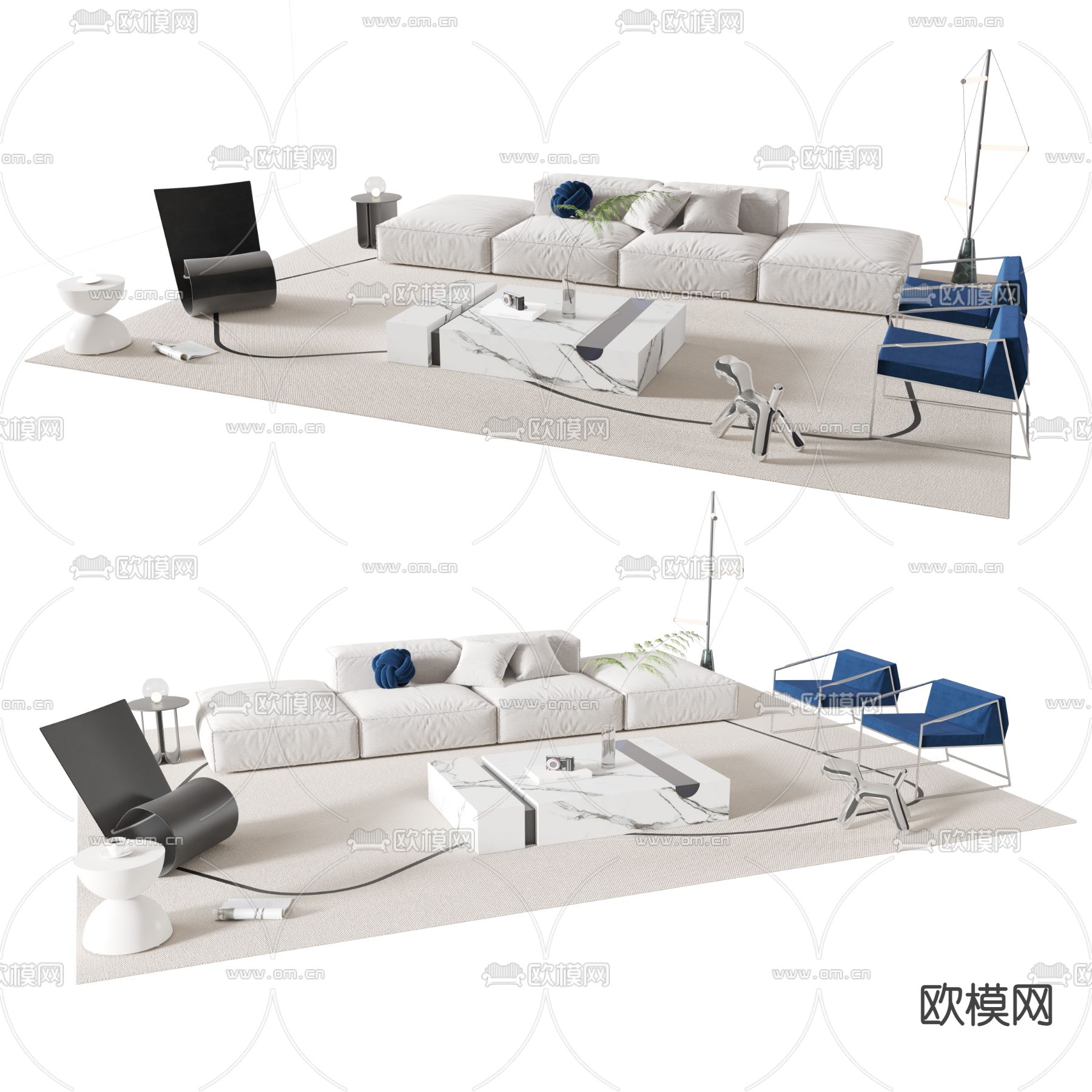 现代奶油风组合沙发3d模型下载_ID12016413_3dmax免费模型-欧模网