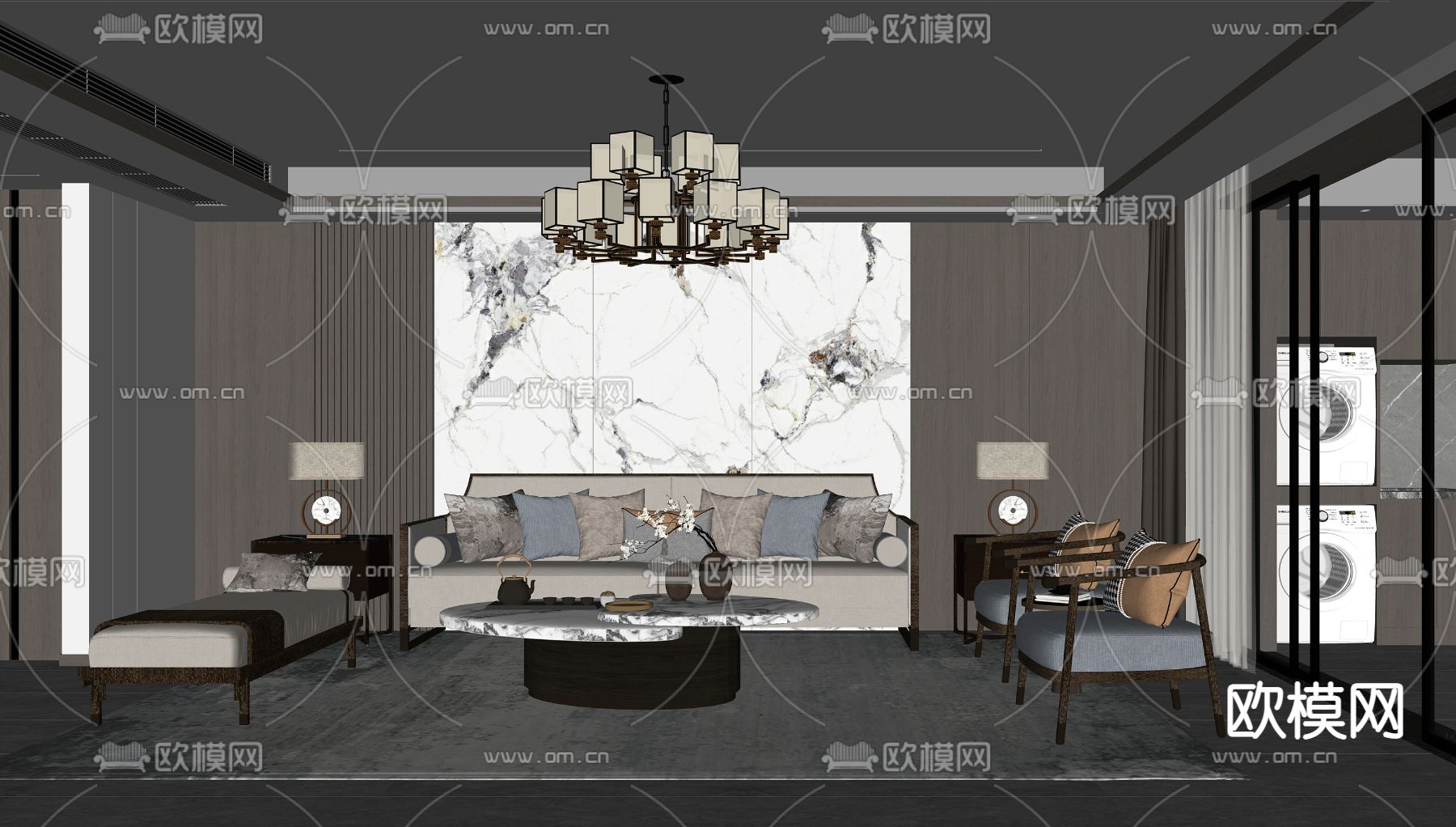 新中式客厅su模型下载（渲染图2）