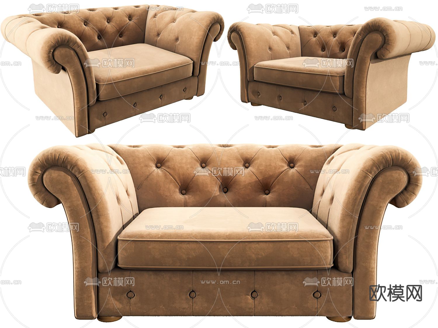 简欧浅咖色绒布单人沙发3d模型下载（渲染图1）