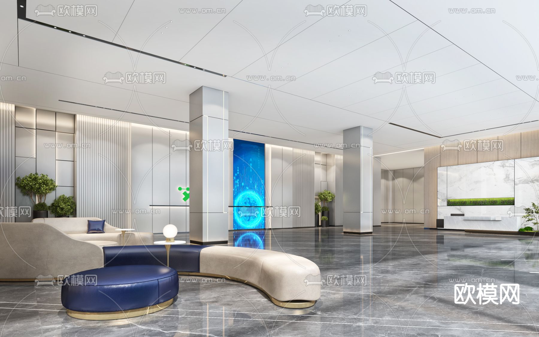 现代办公楼前台接待大厅3d模型下载_ID12016931_3dmax免费模型-欧模网