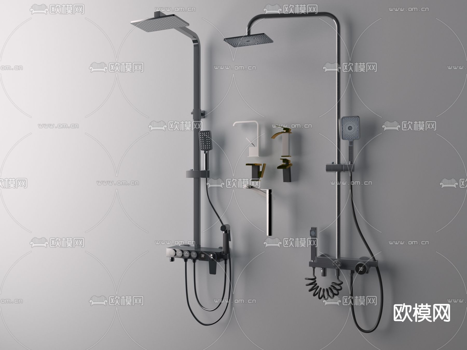 现代不锈钢淋浴花洒水龙头3d模型下载（渲染图5）