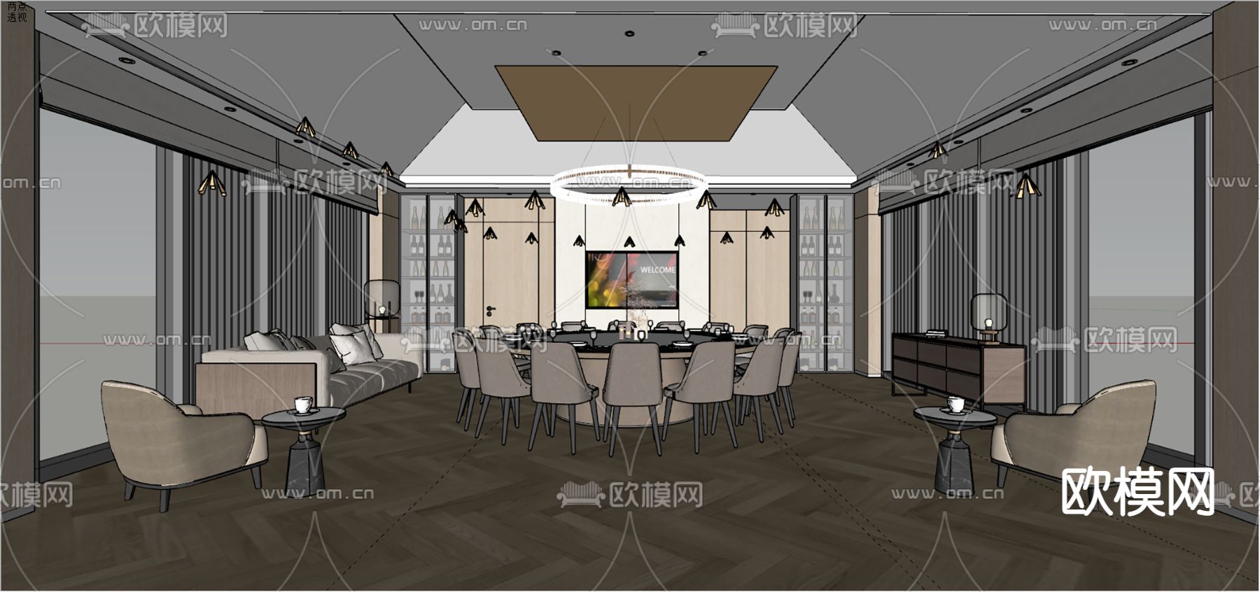 现代餐饮包厢su模型下载（渲染图3）