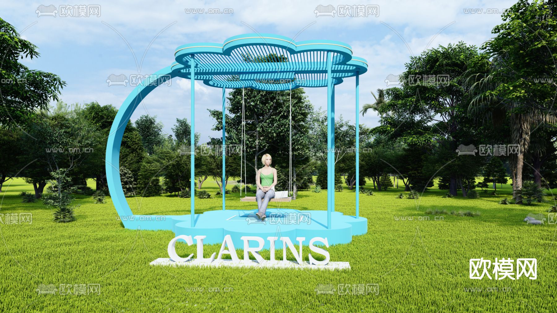 现代户外秋千吊椅su模型下载（渲染图1）