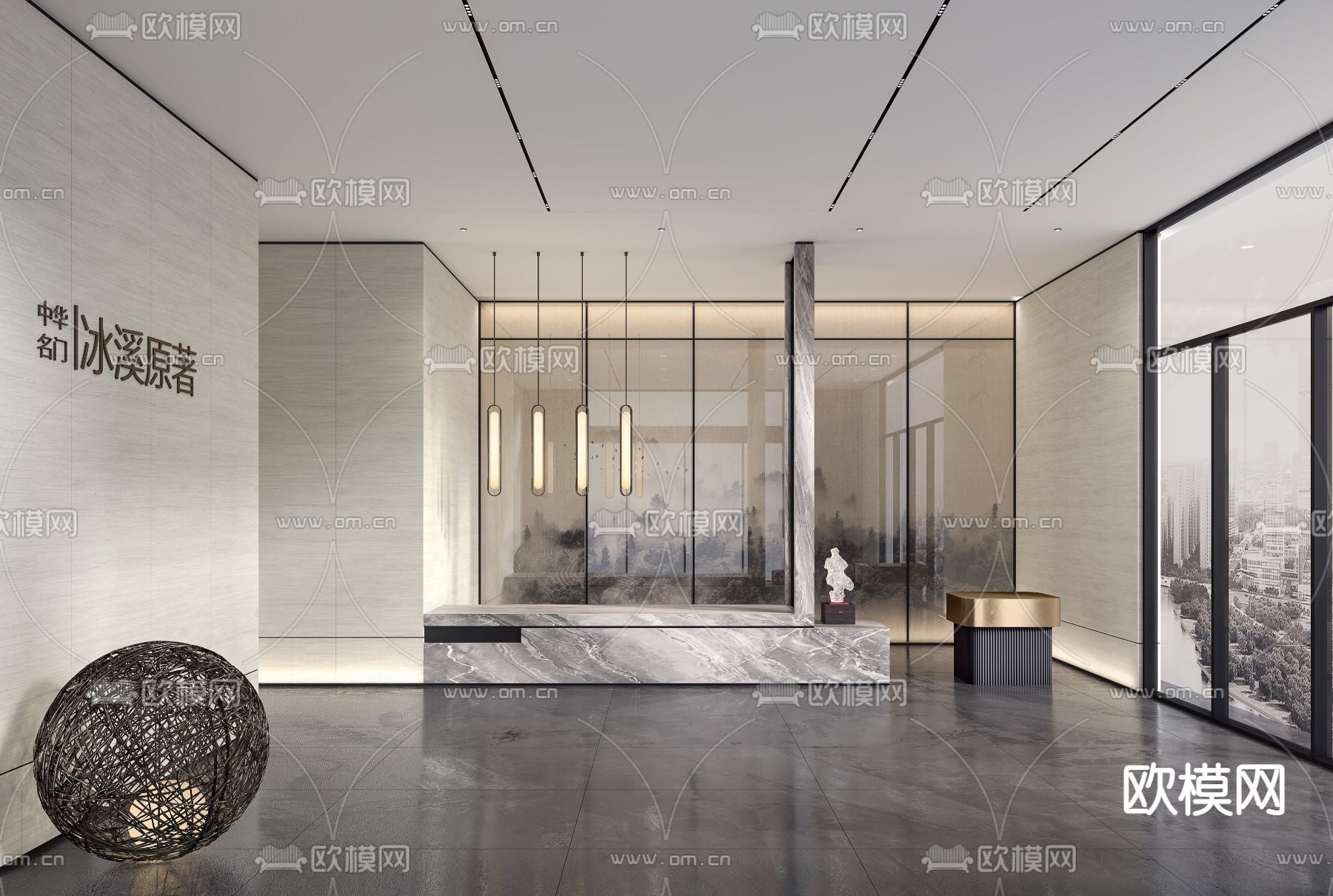 现代售楼处前台接待台su模型下载（渲染图1）