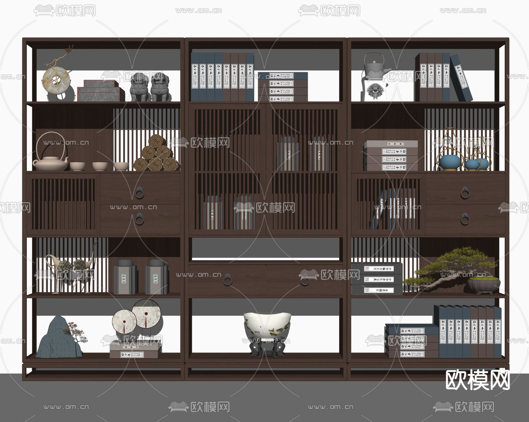 新中式实木博古架su模型下载（渲染图2）