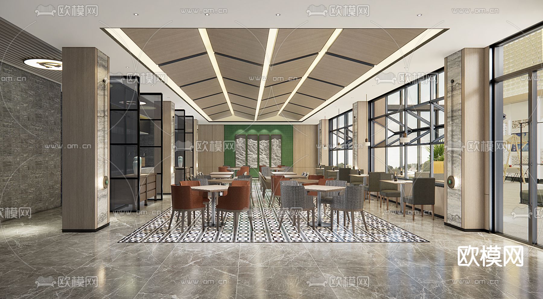 新中式中餐厅su模型下载（渲染图1）