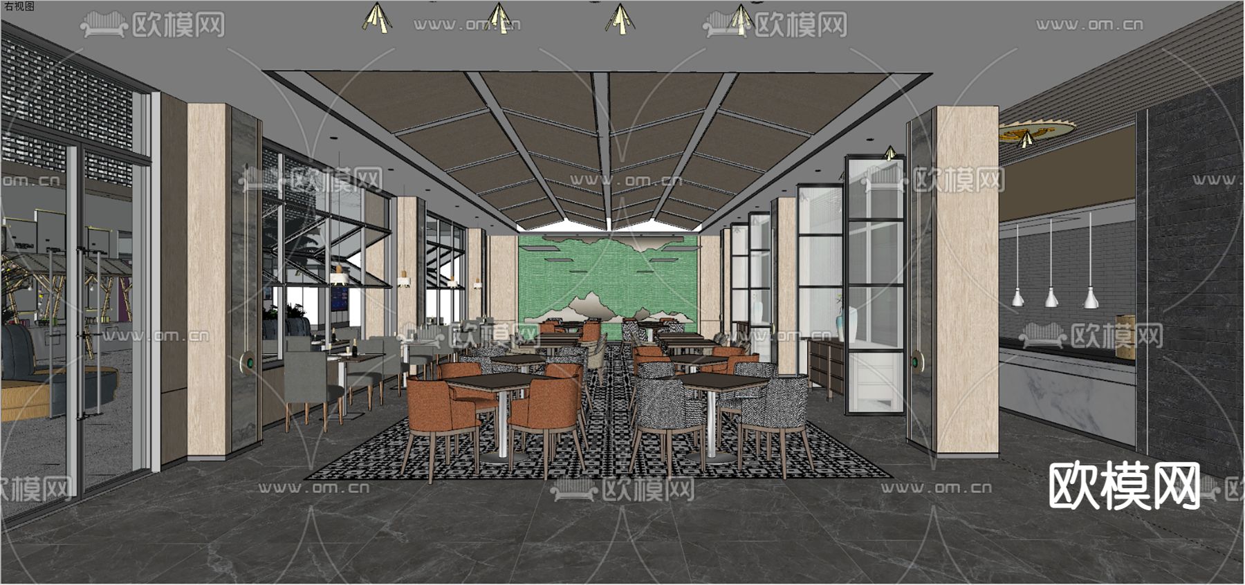 新中式中餐厅su模型下载（渲染图3）