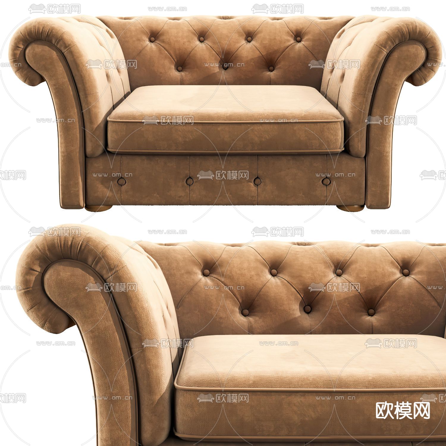 简欧浅咖色绒布单人沙发3d模型下载（渲染图4）