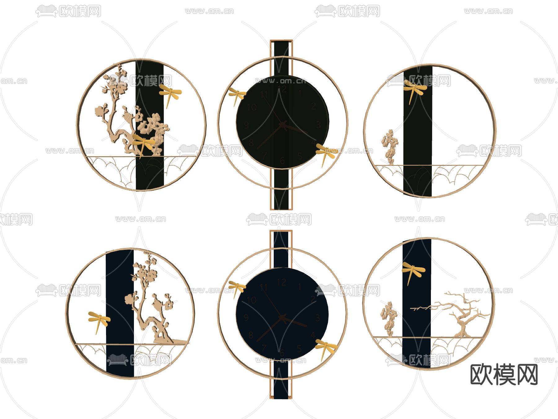 新中式钟表墙饰挂件su模型下载（渲染图2）
