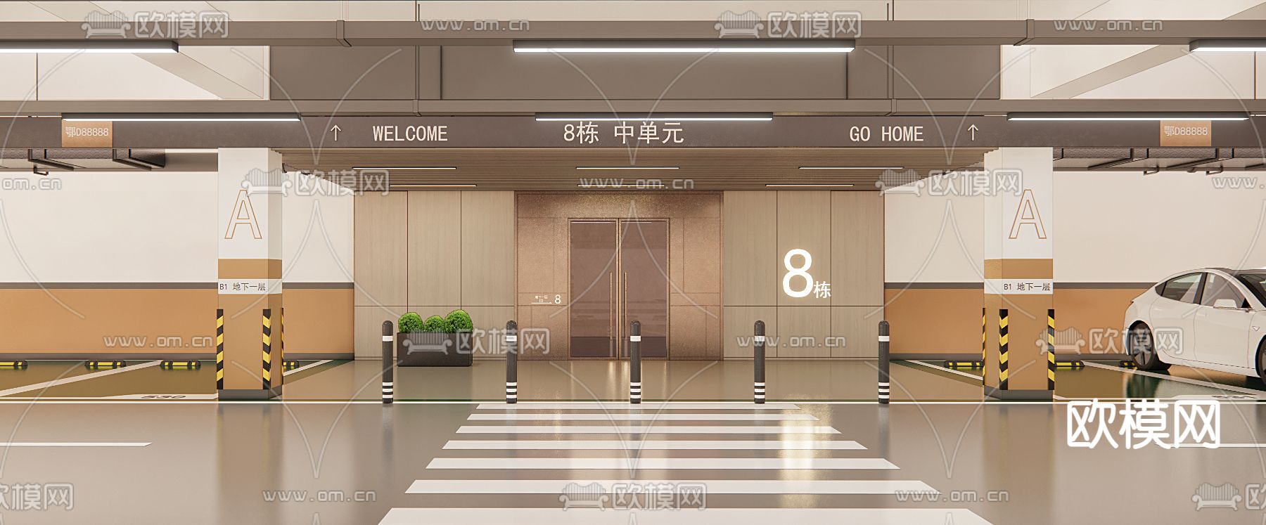 现代地下停车场su模型下载（渲染图2）