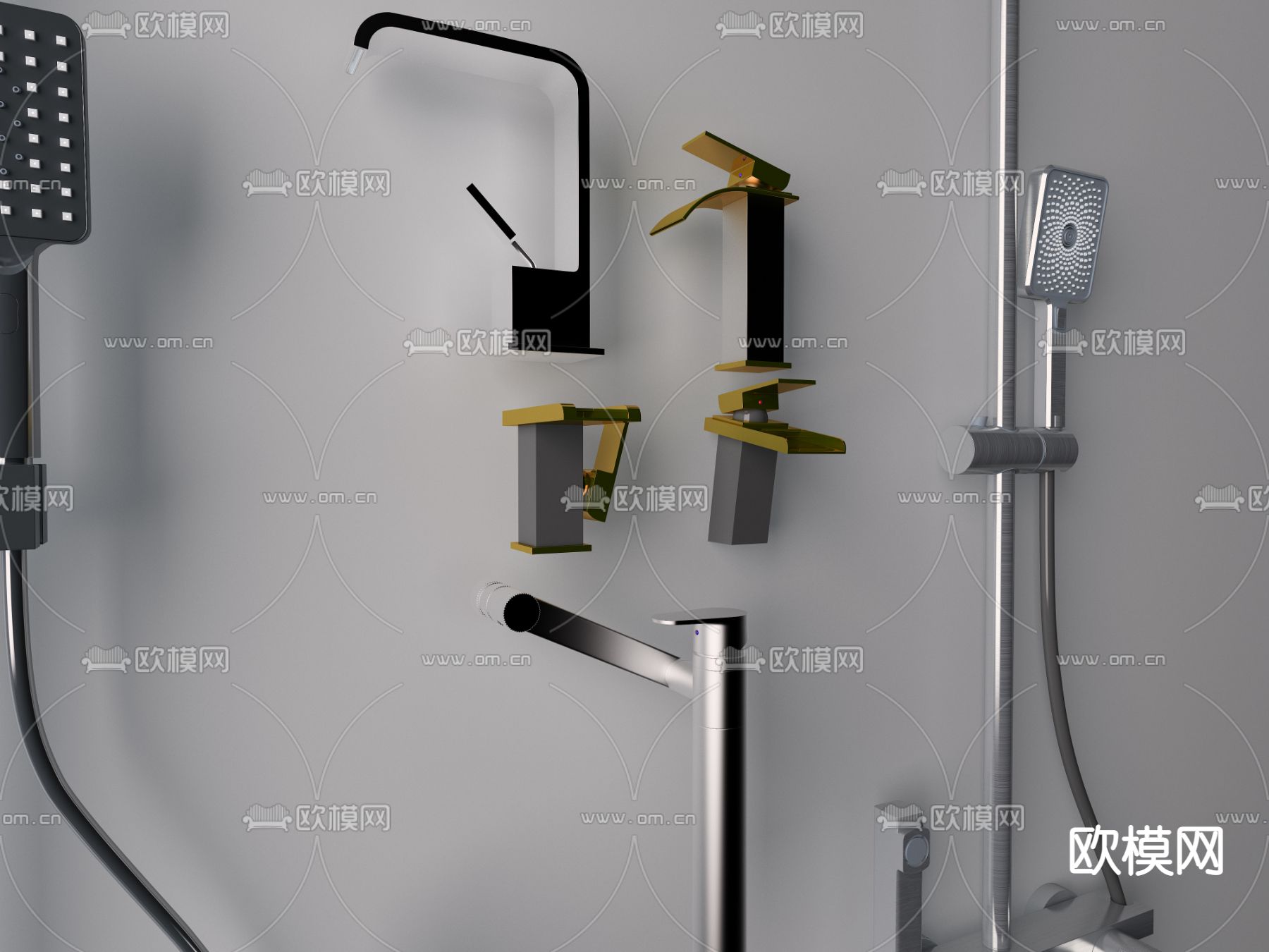 现代不锈钢淋浴花洒水龙头3d模型下载（渲染图3）