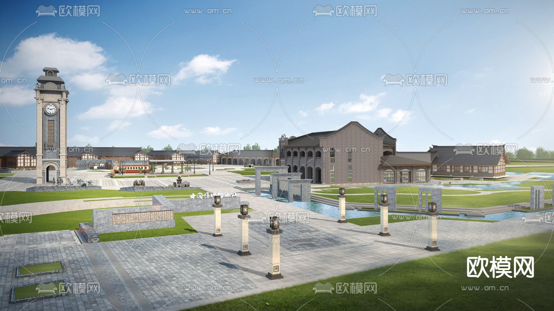 中式博物馆广场免费3d模型下载