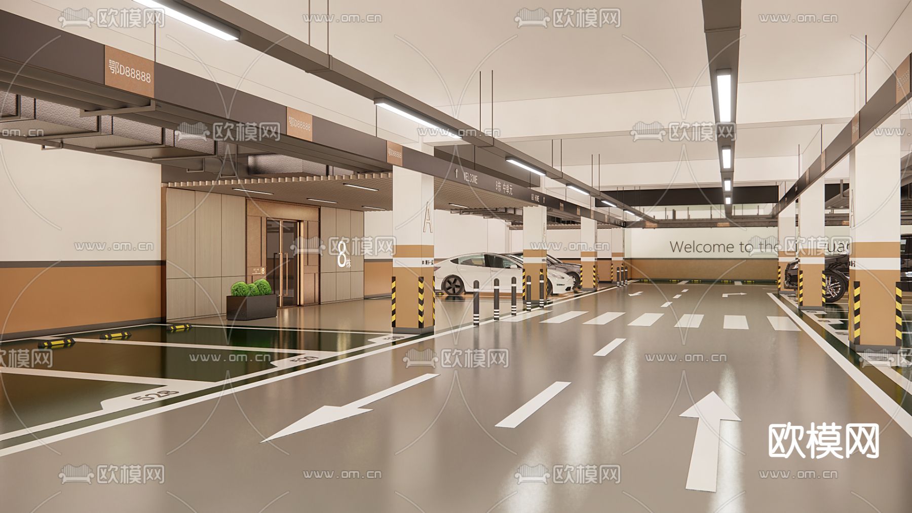 现代地下停车场su模型下载（渲染图1）