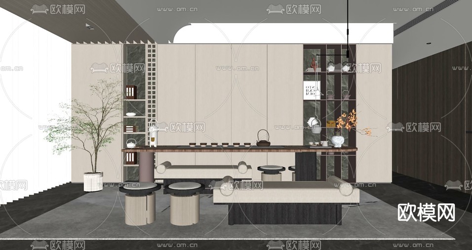 新中式茶室su模型下载(渲染图2)