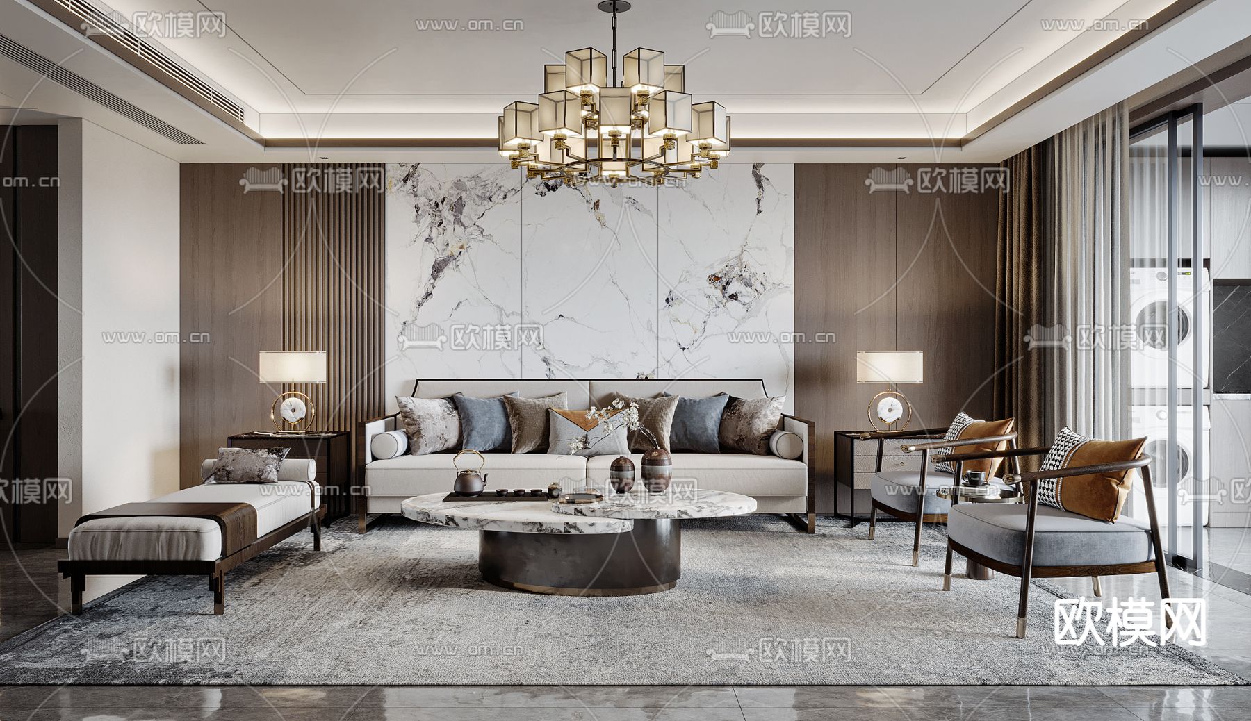 新中式客厅su模型下载（渲染图1）