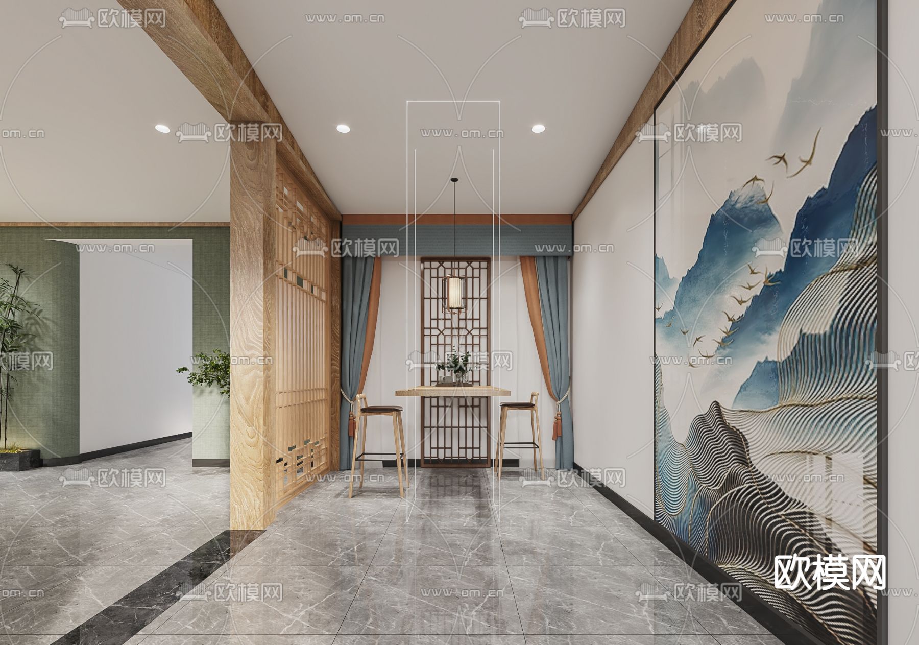 新中式宾馆前台接待3d模型下载（渲染图2）