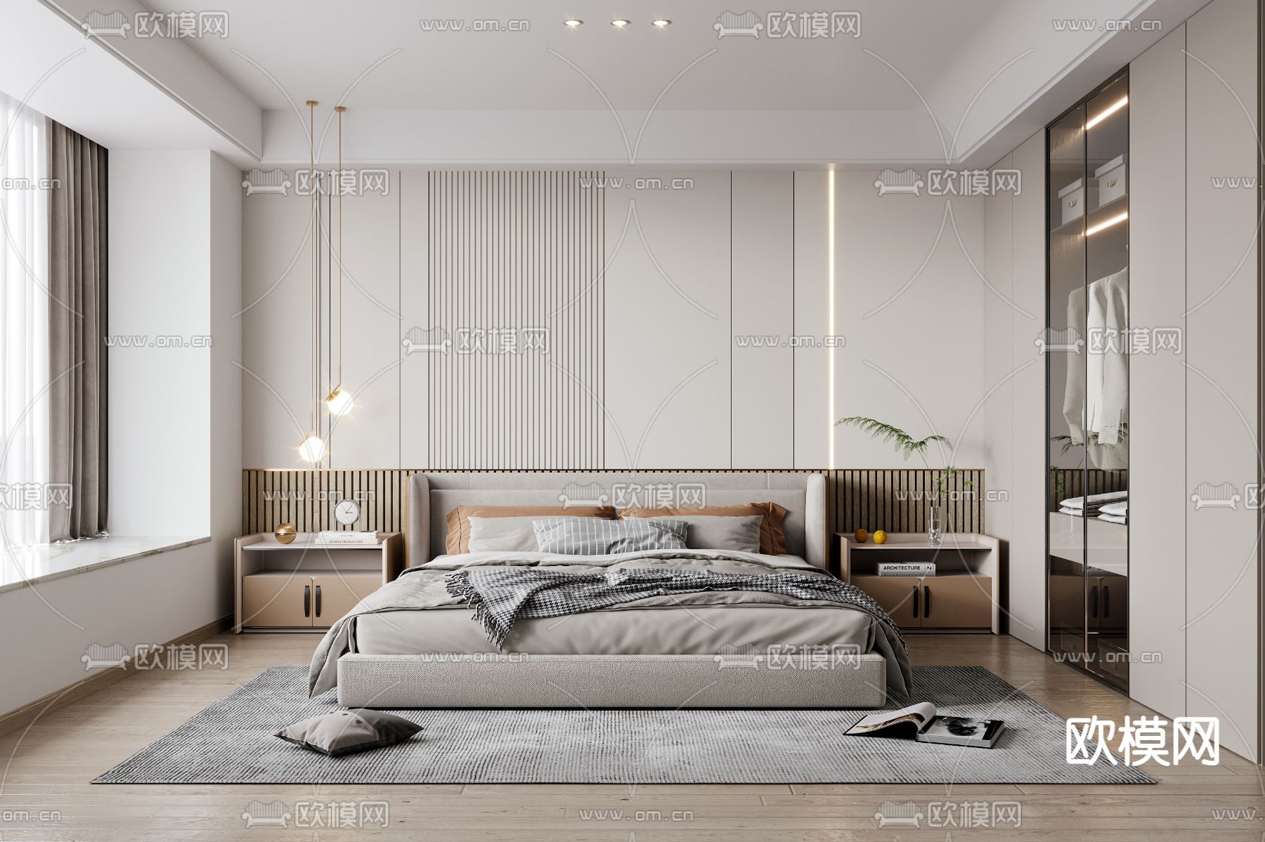 现代奶油风卧室主人房3d模型下载