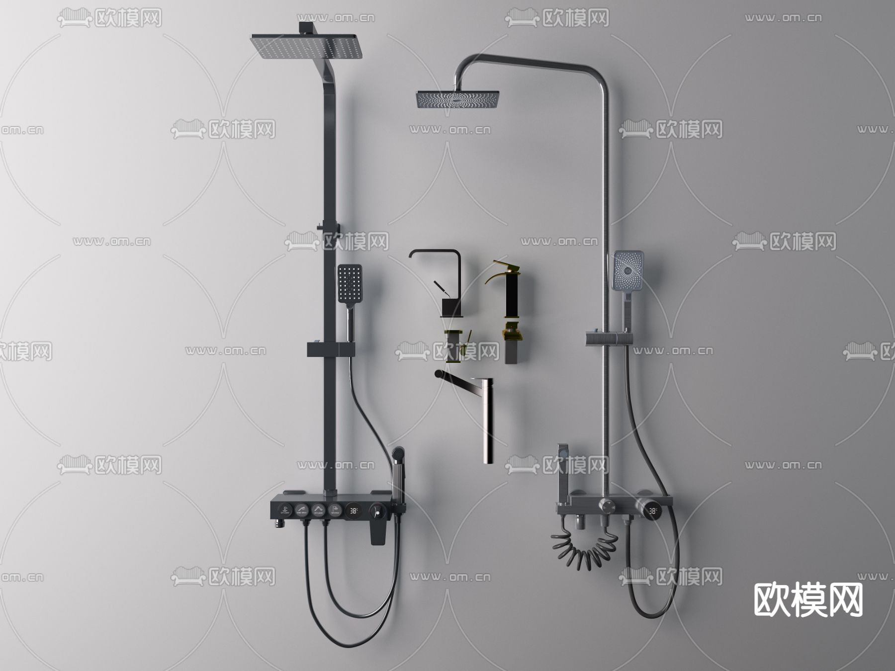 现代不锈钢淋浴花洒水龙头3d模型下载（渲染图1）